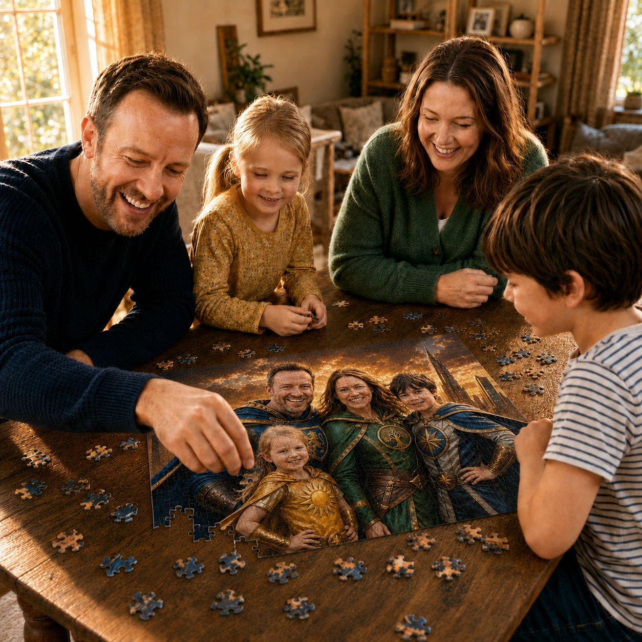 Family assembling a custom photo puzzle together